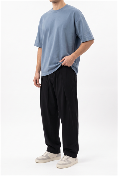 Erkek Pileli Keten Baggy Pantolon Siyah