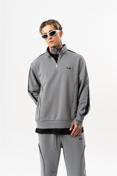 Erkek Pis Dikiş Detaylı Yarım Fermuarlı Diagonel Sweatshirt Gri