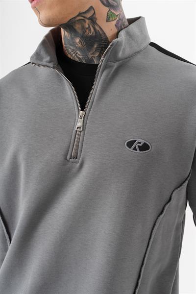 Erkek Pis Dikiş Detaylı Yarım Fermuarlı Diagonel Sweatshirt Gri