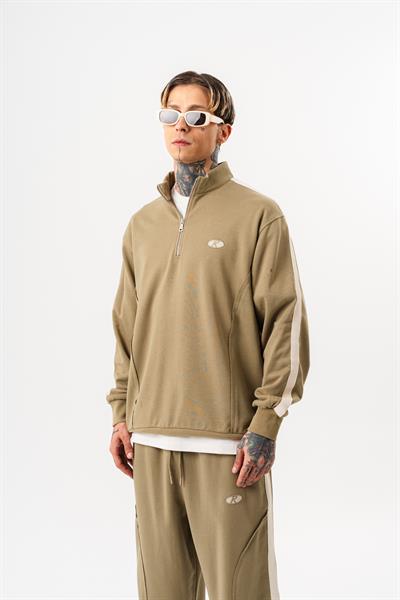 Erkek Pis Dikiş Detaylı Yarım Fermuarlı Diagonel Sweatshirt Haki