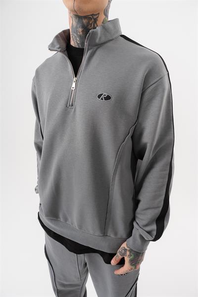 Erkek Pis Dikiş Detaylı Yarım Fermuarlı Diagonel Sweatshirt Gri