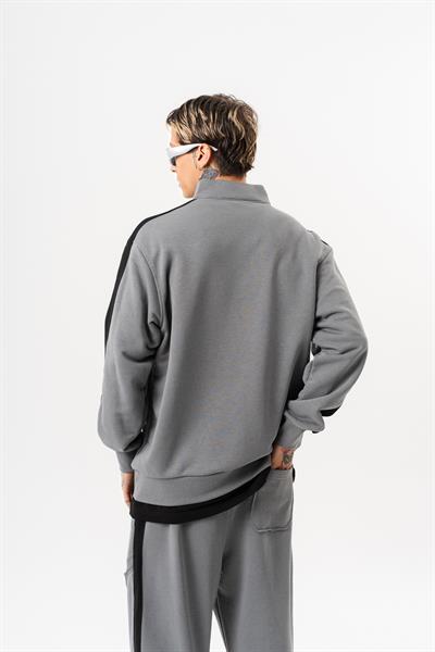 Erkek Pis Dikiş Detaylı Yarım Fermuarlı Diagonel Sweatshirt Gri