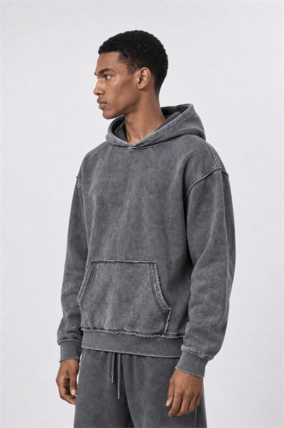 Erkek Pis Dikiş Detaylı Yıkamalı Basic Oversize Hoodie Gri