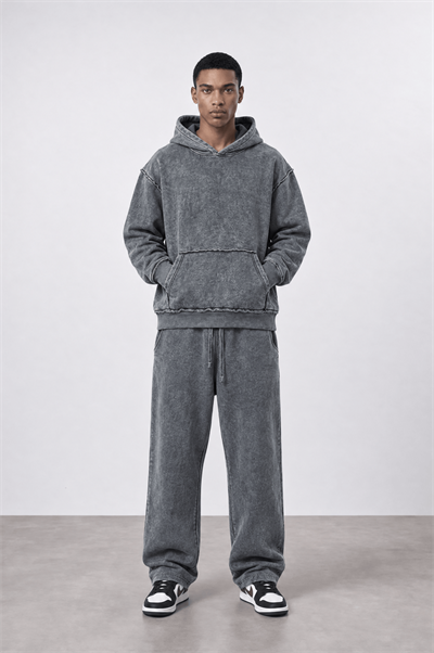 Erkek Pis Dikiş Detaylı Yıkamalı Basic Oversize Hoodie Gri