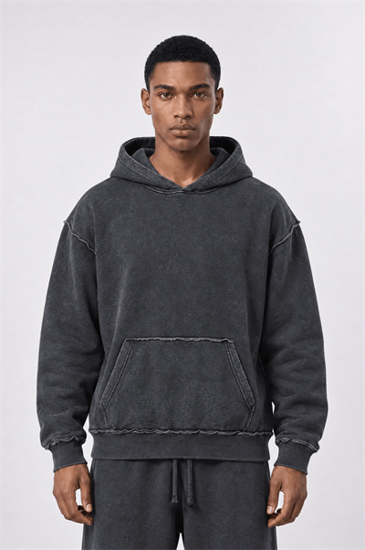 Erkek Pis Dikiş Detaylı Yıkamalı Basic Oversize Hoodie Siyah