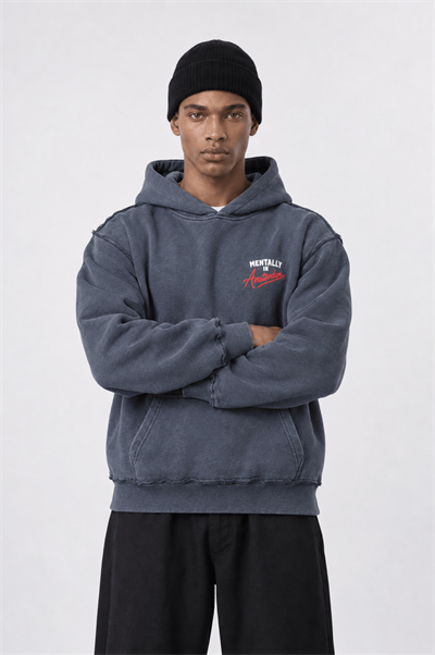 Erkek Pis Dikiş Detaylı Yıkamalı Oversize Hoodie Füme