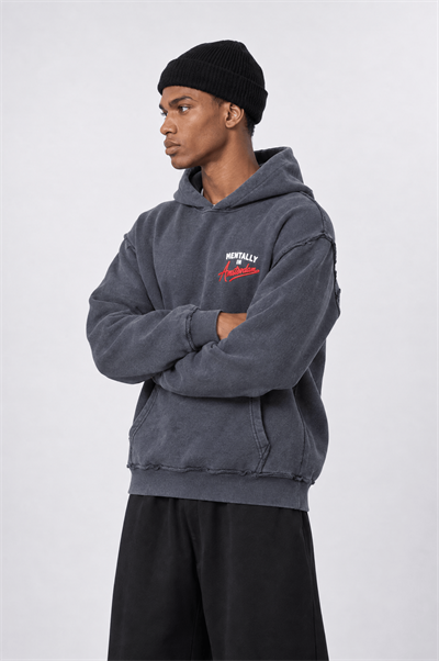 Erkek Pis Dikiş Detaylı Yıkamalı Oversize Hoodie Füme