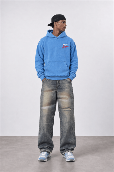 Erkek Pis Dikiş Detaylı Yıkamalı Oversize Hoodie Bebe Mavi