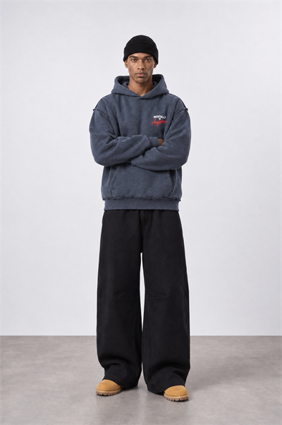Erkek Pis Dikiş Detaylı Yıkamalı Oversize Hoodie Füme