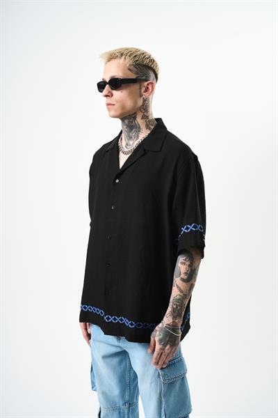 Erkek Pocket Nakışlı Oversize Keten Gömlek Siyah