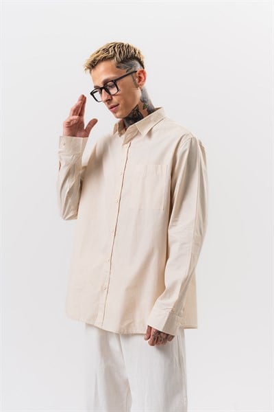 Erkek Poplin Oversize Gömlek Bej