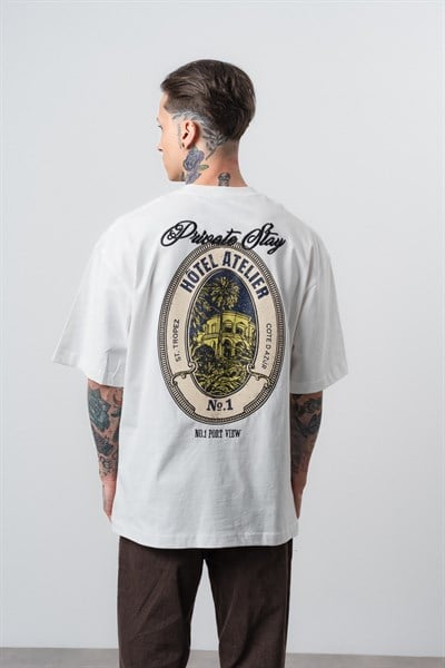 Erkek Private Baskılı Oversize T-Shirt Ekru