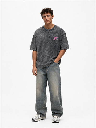 Erkek Puf Baskılı Yıkamalı Oversize T-Shirt Siyah