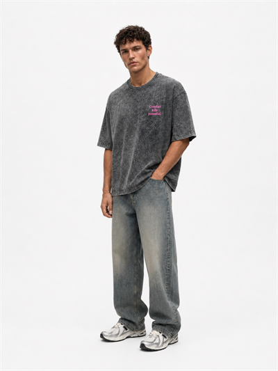 Erkek Puf Baskılı Yıkamalı Oversize T-Shirt Siyah