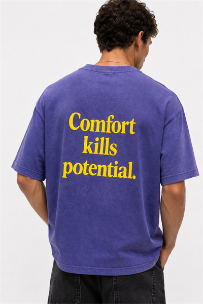 Erkek Puf Baskılı Yıkamalı Oversize T-Shirt Mor