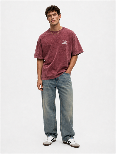 Erkek Puf Baskılı Yıkamalı Oversize T-Shirt Bordo