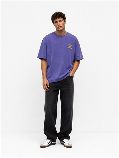 Erkek Puf Baskılı Yıkamalı Oversize T-Shirt Mor