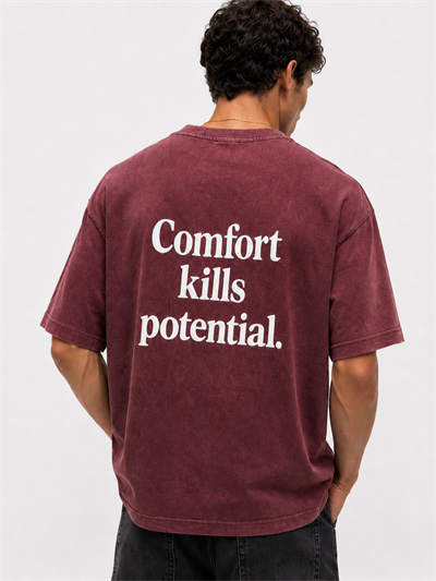Erkek Puf Baskılı Yıkamalı Oversize T-Shirt Bordo