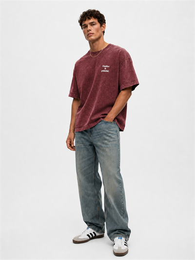 Erkek Puf Baskılı Yıkamalı Oversize T-Shirt Bordo