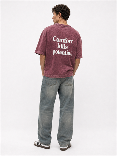 Erkek Puf Baskılı Yıkamalı Oversize T-Shirt Bordo