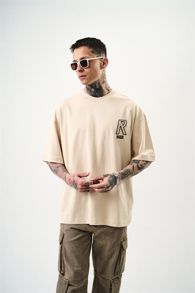 Erkek R Creative Nakışlı Oversize T-Shirt Bej