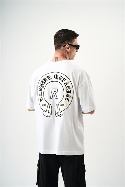 Erkek R Creative Nakışlı Oversize T-Shirt Beyaz