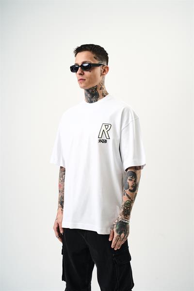 Erkek R Creative Nakışlı Oversize T-Shirt Beyaz