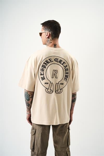 Erkek R Creative Nakışlı Oversize T-Shirt Bej