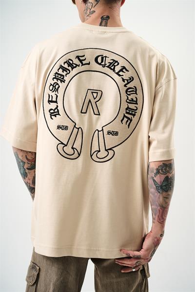 Erkek R Creative Nakışlı Oversize T-Shirt Bej