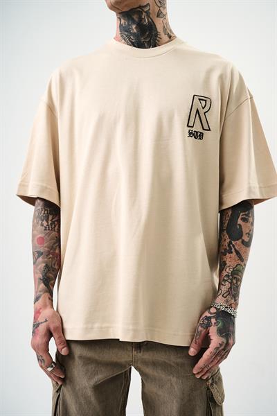 Erkek R Creative Nakışlı Oversize T-Shirt Bej