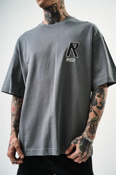 Erkek R Creative Nakışlı Oversize T-Shirt Füme