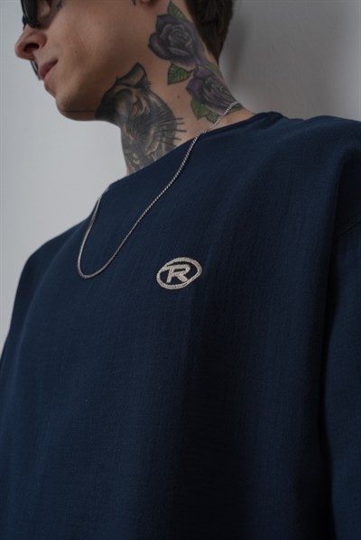 Erkek R Nakışlı Fakir Kol Müslin Oversize T-Shirt Lacivert