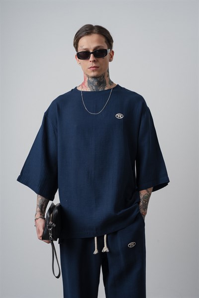 Erkek R Nakışlı Fakir Kol Müslin Oversize T-Shirt Lacivert