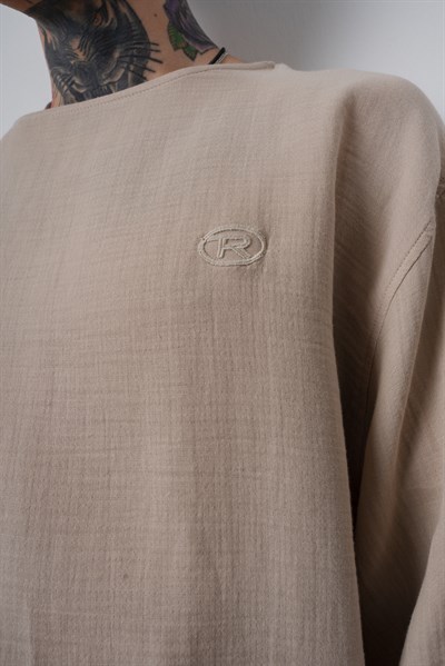 Erkek R Nakışlı Fakir Kol Müslin Oversize T-Shirt Bej