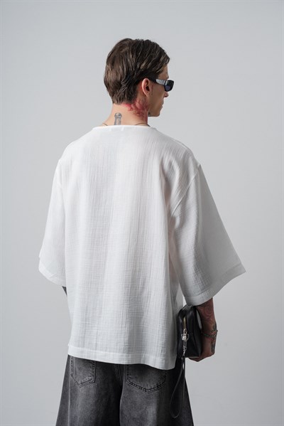 Erkek R Nakışlı Fakir Kol Müslin Oversize T-Shirt Ekru