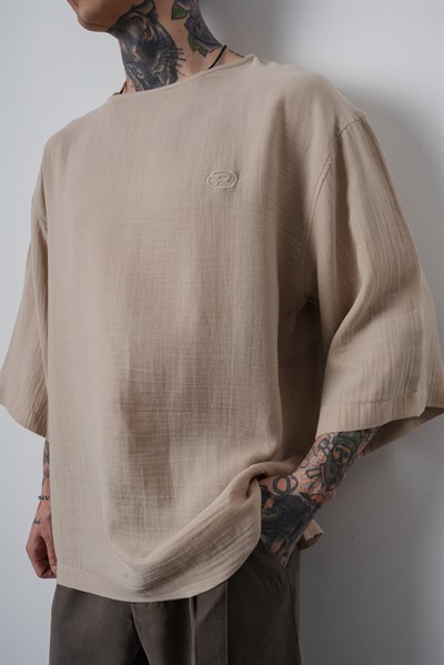 Erkek R Nakışlı Fakir Kol Müslin Oversize T-Shirt Bej