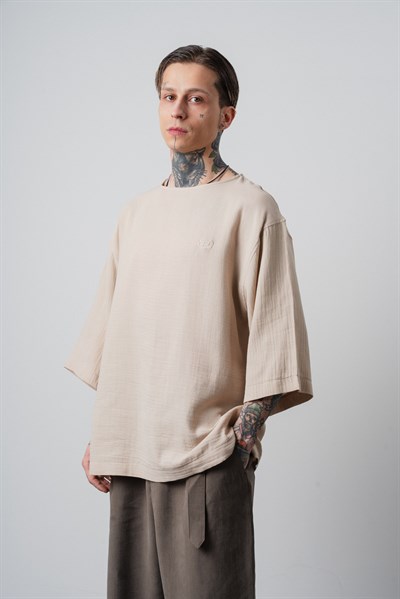 Erkek R Nakışlı Fakir Kol Müslin Oversize T-Shirt Bej