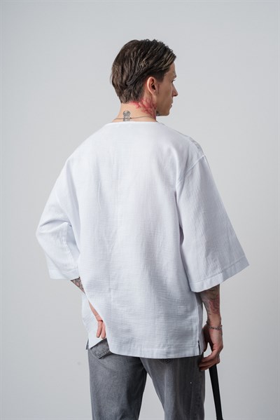 Erkek R Nakışlı Fakir Kol Müslin Oversize T-Shirt Beyaz