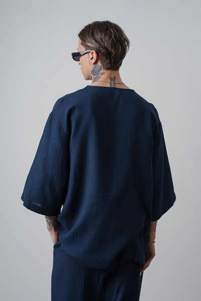 Erkek R Nakışlı Fakir Kol Müslin Oversize T-Shirt Lacivert