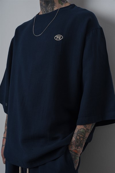 Erkek R Nakışlı Fakir Kol Müslin Oversize T-Shirt Lacivert