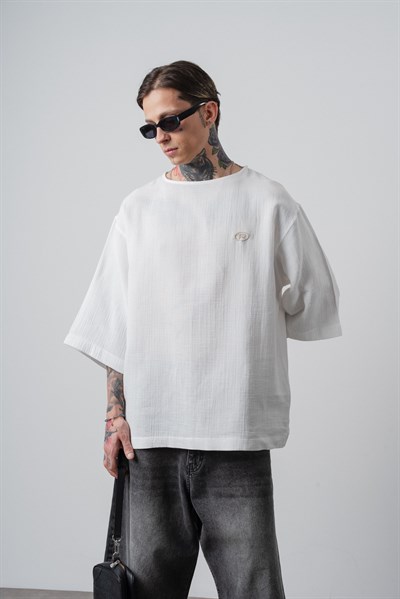 Erkek R Nakışlı Fakir Kol Müslin Oversize T-Shirt Ekru