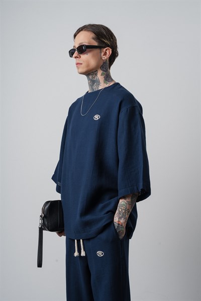 Erkek R Nakışlı Fakir Kol Müslin Oversize T-Shirt Lacivert