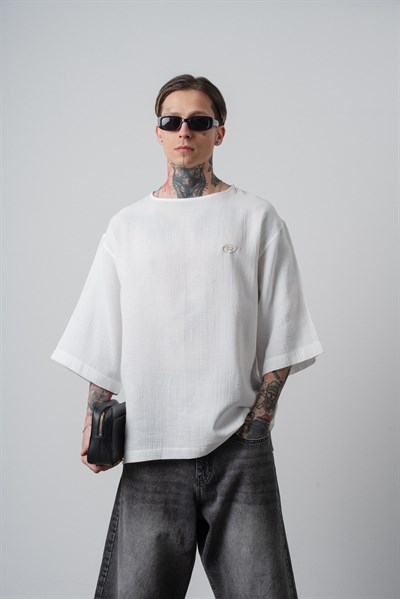 Erkek R Nakışlı Fakir Kol Müslin Oversize T-Shirt Ekru
