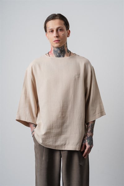 Erkek R Nakışlı Fakir Kol Müslin Oversize T-Shirt Bej