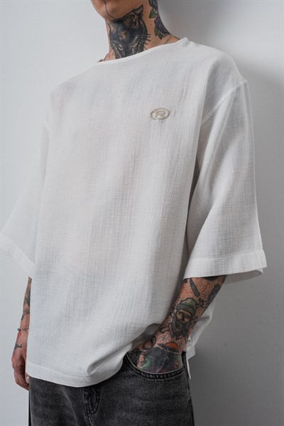Erkek R Nakışlı Fakir Kol Müslin Oversize T-Shirt Ekru