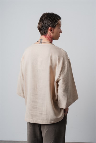 Erkek R Nakışlı Fakir Kol Müslin Oversize T-Shirt Bej
