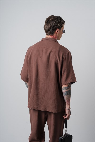 Erkek R Nakışlı Kısa Kollu Müslin Oversize Gömlek Kahve