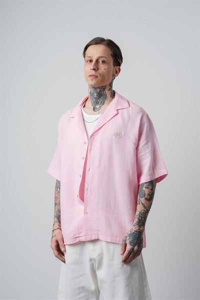 Erkek R Nakışlı Kısa Kollu Müslin Oversize Gömlek Pembe
