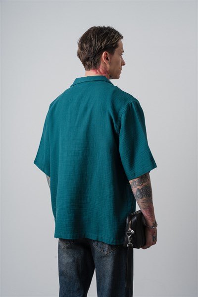 Erkek R Nakışlı Kısa Kollu Müslin Oversize Gömlek Zümrüt