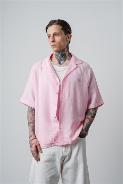 Erkek R Nakışlı Kısa Kollu Müslin Oversize Gömlek Pembe